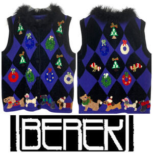 Vtg Berek Sz S Novelty Knit Sweater Vest Christmas Dogs Feather Trim Whimsical